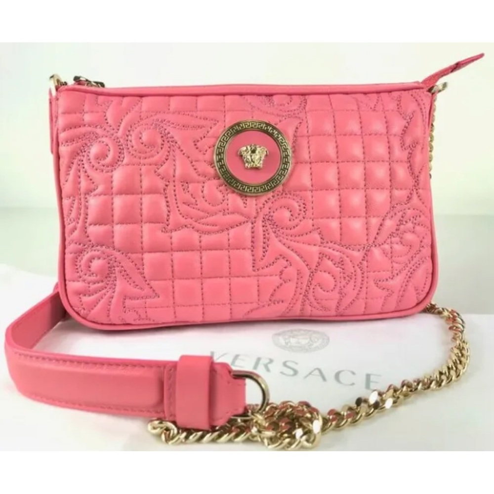 NWOT VERSACE *VANITAS PINK QUILTED LEATHER BAROQUE GOLD CHAIN SHOULDER PURSE BAG